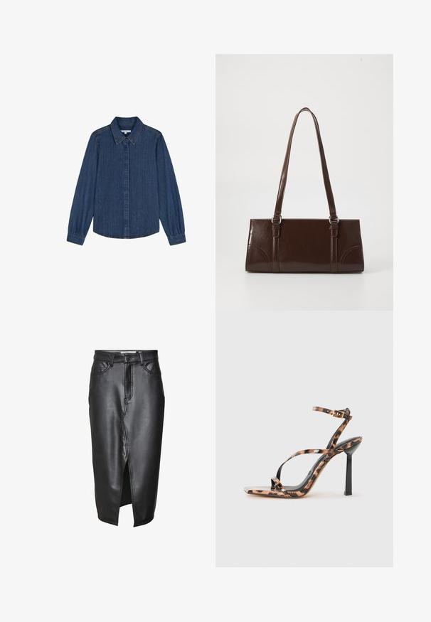 Scalpers Overhemdblouse - indigo; Zwarte leren rok met een middellange ontwerp, voorzien van een split aan de voorkant, klassieke riemlussen en gestikte details langs de naden.; Gevlochten hoge hak sandalen met een vierkante teen, voorzien van een luipaardprintpatroon in bruin- en zwarttonen op een glanzende afwerking.; Bruine lakleren handtas met een rechthoekige vorm, twee lange handvatten en subtiele gebogen accenten aan de voorkant.
