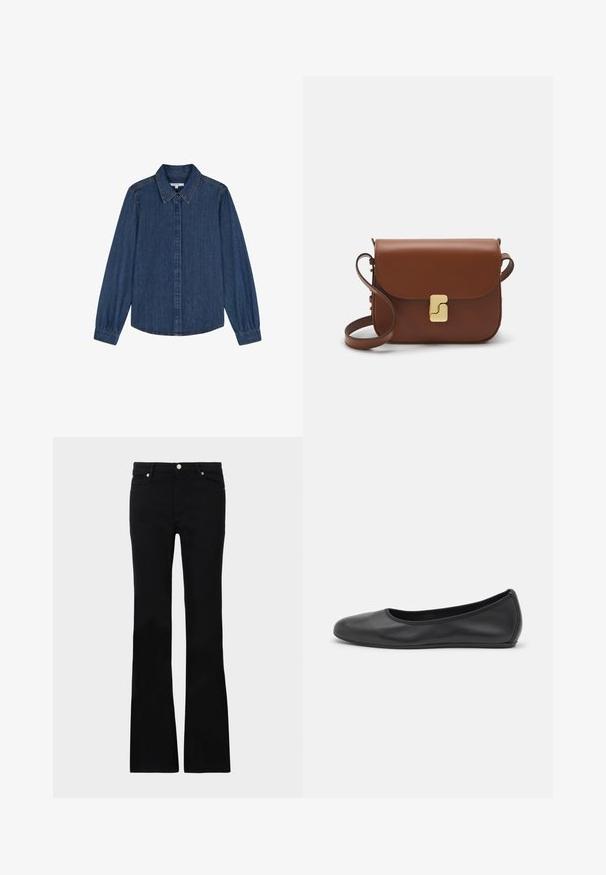 Scalpers Chemisier - indigo; Jean évasé noir en denim, avec deux poches avant, une fermeture à bouton et une texture lisse. Couture signature visible aux coutures.; Ballerines en cuir noir avec un bout rond, texture lisse, détails de couture minimalistes et design de semelle flexible.; Sac à main en cuir marron avec une fermeture à rabat, des accents en métal doré, une bandoulière et une texture lisse. Forme rectangulaire compacte.