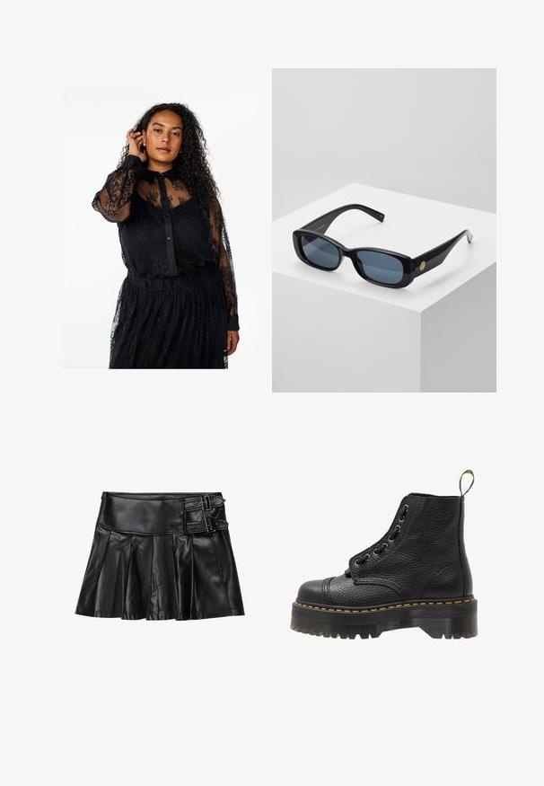 Blusa nera in pizzo con maniche lunghe trasparenti, chiusura frontale con bottoni e un motivo floreale testurizzato. Vestibilità ampia e dettaglio in vita arricciato.; Gonna in pelle nera con pieghe, cintura ampia e due dettagli con fibbia ai lati. Texture liscia con una finitura lucida.; Stivale alla caviglia in pelle nera con superficie testurizzata, punta tonda, design con lacci, cuciture gialle e una suola piatta nera spessa e scanalata.; Occhiali da sole neri rettangolari con lenti blu oscurate, montatura spessa e un accento circolare dorato di lato. Finitura elegante e lucida.; Borsa borgogna realizzata in materiale sintetico con un design strutturato, dotata di tracolla removibile e un foulard a motivi floreali legato al manico.