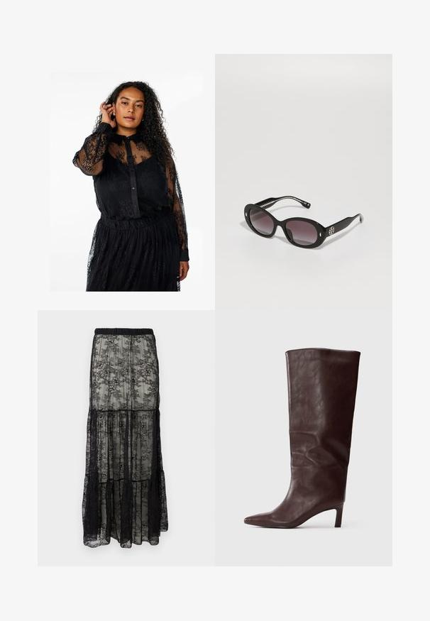 Sort blonde bluse med gennemsigtige lange ærmer, frontknaplukning og et struktureret blomster mønster. Løs pasform og sammenkrøbet taljedetalje.; Sort blonde maxi nederdel med lagdelt design, der har en elastisk talje og blomster mønstre. Materialet er gennemsigtigt med en blød overflade.; Høj, mørkebrun læderstøvle med spids tå og slank medium hæl på en ensfarvet hvid baggrund.; Sorte solbriller med gradient mørke linser, oval form, blank finish, med et fremtrædende logo på siden og sølvdetaljer.; Bordeaux lædertaske med struktureret design, korte håndtag, en gylden rektangulær spænde og en aftagelig frynseaccent.