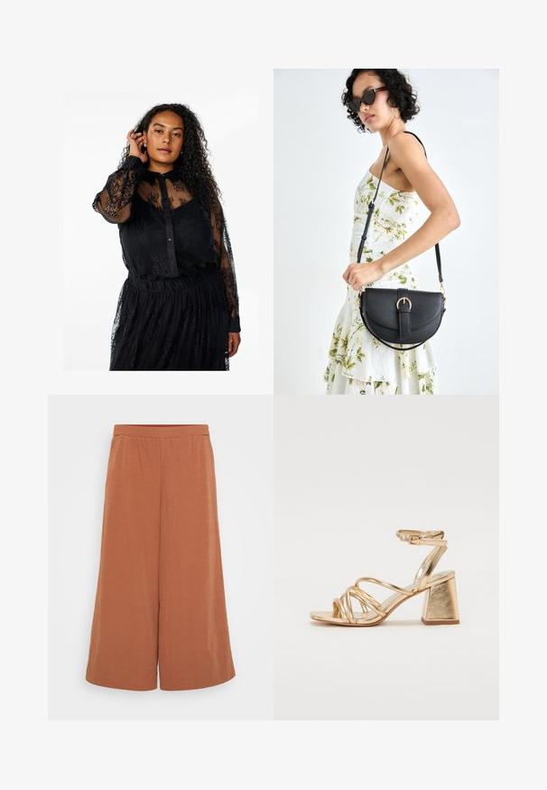 Schwarze Spitzenbluse mit durchsichtigen langen Ärmeln, Knopfverschluss vorne und strukturiertem Blumenmuster. Lockere Passform und gerafftes Taillen-Detail.; Rostfarbene Culottes aus leichtem, zerknittertem Stoff. Mit elastischem Bund und weiten, fließenden Beinen. Glatte Textur über das gesamte Material.; Goldfarbene, metallisch glänzende Sandalen mit Absatz, die über ein verführerisches Riemen-Design, einen quadratischen Blockabsatz und einen verstellbaren Knöchelriemen mit Schnalle verfügen. Glatte Textur.; Schwarze Lederhandtasche mit geschwungener Form, abnehmbarem Tragegurt und goldenen Beschlägen. Die Tasche verfügt über einen Deckel mit einer Schnallen-Details.