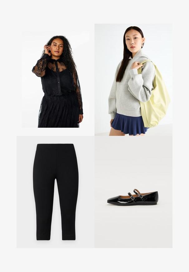 Črna čipkasta bluza z prosojnimi dolgimi rokavi, sprednjim zapiranjem na gumb in strukturiranim cvetličnim vzorcem. Ohlapen kroj in nabran pas.; Črne kapri legice iz raztegljivega materiala, ki se tesno prilegajo in imajo gladko teksturo, brez izrazitih vzorcev ali dodatkov.; Črne lakirane balerinke s ostrim nosom, dvema zaponkama čez zgornji del in nizko, zaobljeno peto.; Siva prevelika kapuca s kenguru žepom, uparena s mornarsko plavom suknjom s volanima. Dodatak: veliki svijetložuti ruksak, glatke teksture.