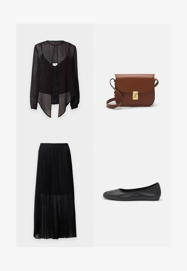 Čierna priesvitná blúzka s dlhými rukávmi, vysokým výstrihom a asymetrickým lemom. Obsahuje predné zapínanie na gombíky a vrstvené dizajnové prvky.; Čierna plisovaná midi sukňa s hladkým, elastickým pásom a priesvitnou vrstvou, ktorá má jemné vertikálne plisovanie po celej textílii.; Čierne kožené baleríny s okrúhlou špičkou, hladkým povrchom, minimálnym prešívaním a flexibilným dizajnom podrážky.; Hnedá kožená kabelka s klopou, zlatými kovovými prvkami, ramenným popruhom a hladkým povrchom. Kompaktný obdĺžnikový tvar.