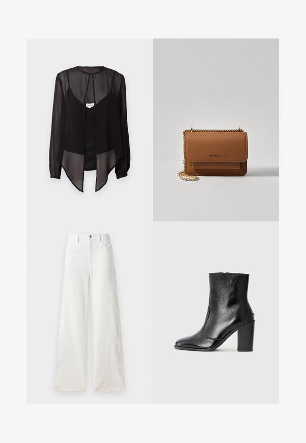 Blusa preta transparente com mangas longas, gola alta e bainha assimétrica. Apresenta um fecho frontal com botões e elementos de design em camadas.; Calças de ganga brancas de perna larga com padrões de bordado lateral e design tradicional de cinco bolsos. Fecho com zíper e botão.; Bota ankle preta em pele com uma textura suave, bico fino e um salto alto robusto. Apresenta uma abertura lateral e um design minimalista.; Bolsa crossbody de couro texturizado castanho com alça de corrente dourada e fecho com aba. A parte da frente apresenta detalhe do logótipo e um bolso sob a aba.