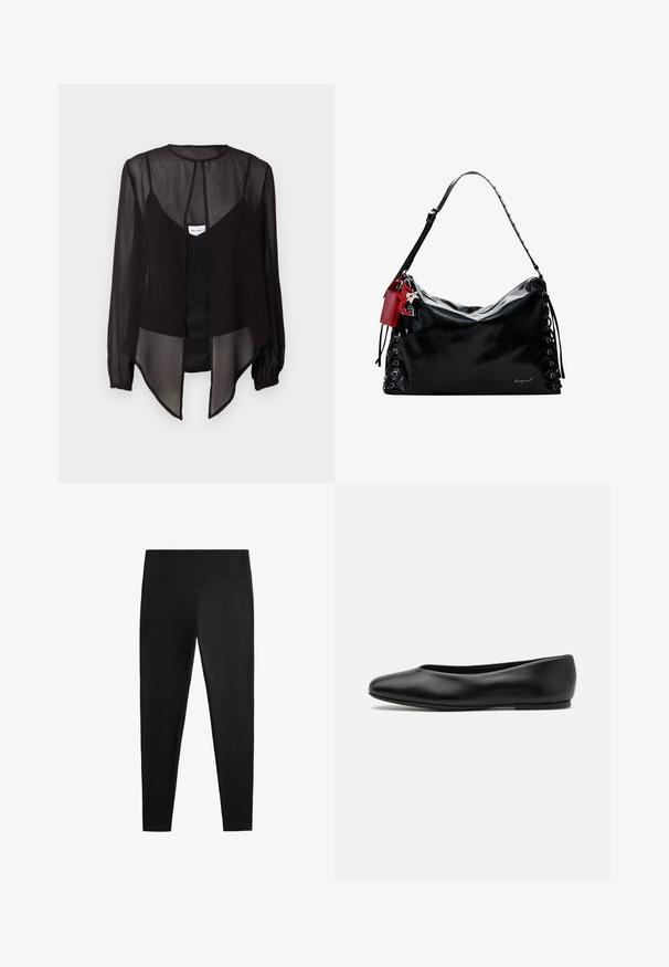 Sort gennemsigtig bluse med lange ærmer, høj hals og en asymmetrisk kant. Har en frontknaplukning og lagdelte designelementer.; Sorte leggings lavet af glat, strækbart stof. Har en bred talje og en tapered ben-design, velegnet til aktiv eller afslappet brug.; Paul Smith TOPANGA - Ballerinasko - black; Sort læder håndtaske med et slaskede design, snøre detaljer på siderne og et rødt accentmærke. Har en lang justerbar rem.