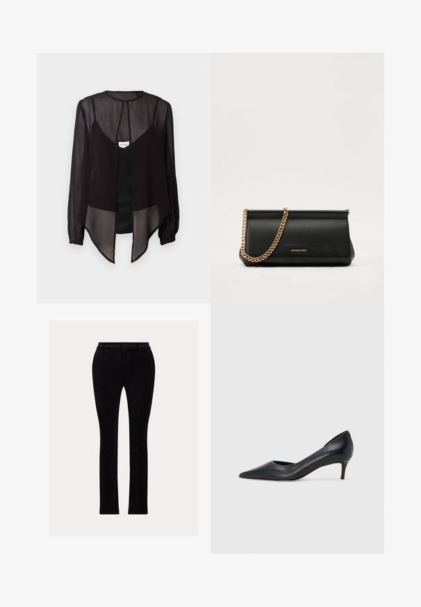 Blusa negra transparente con mangas largas, cuello alto y un dobladillo asimétrico. Presenta un cierre frontal con botones y elementos de diseño en capas.; Pantalones negros hechos de una tela suave y aterciopelada. Corte entallado con pierna recta, que presenta una cinturilla tradicional y trabillas para el cinturón.; Zapato de tacón bajo de cuero negro con punta puntiaguda. Presenta una textura lisa y un brillo sutil. Corte abierto en la parte frontal para un detalle adicional.; Cartera de mano de piel negra con una correa de cadena dorada, que presenta una textura suave, forma rectangular y un logotipo en relieve en la parte frontal.