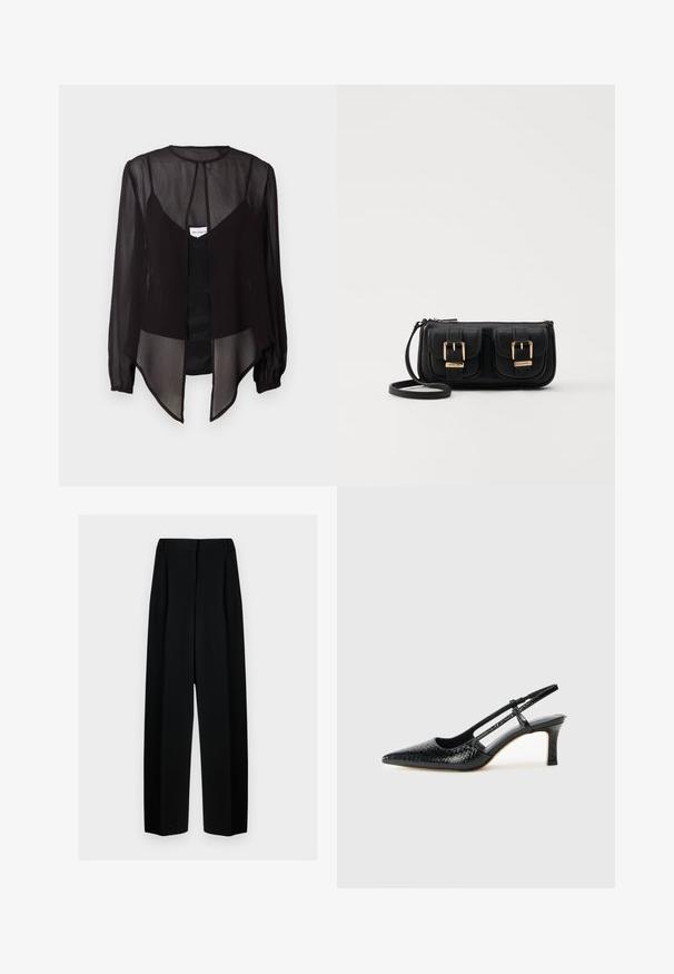 Sort gennemsigtig bluse med lange ærmer, høj hals og en asymmetrisk kant. Har en frontknaplukning og lagdelte designelementer.; Sorte vide benbukser med høj talje, der har læg og en glat tekstur. Stoffet virker let og falder elegant.; Sorte patent slingback hæl med spids tå, prydet med tekstureret slangeskindsmønster, justerbar rem og en kort, tekstureret blokhæl.; Sort læder crossbody taske med to frontlommer, guldspænder, lynlåslukning og en slank rem. Struktureret overflade og kompakt rektangulær form.