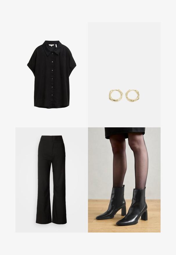 Black short-sleeve shirt made of lightweight fabric with a classic collar, button-front design, and a relaxed fit. Soft texture, no patterns.; Long-sleeve T-shirt with a fitted shape, made of soft cotton. Features horizontal pink and white stripes and a wide neckline.; Black wide-leg trousers with a smooth texture, high waist, and a clean design. No visible pockets or embellishments.; Black leather ankle boots with a pointed toe, chunky square heel, and sleek design. Features elastic side panels for easy wear.; Gold hoop earrings with a textured, irregular shape. Features a seamless closure and a polished surface finish, emphasizing a modern design.