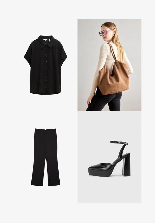 Schwarzes Kurzarmhemd aus leichtem Stoff mit klassischem Kragen, durchgehender Knopfleiste und lockerer Passform. Sanfte Textur, ungemustert.; Schwarze Hose mit geradem Schnitt, ausgestattet mit Fronttaschen und Seitenschlitzen am Saum. Hergestellt aus weichem, glattem Stoff. Geeignet für verschiedene Anlässe.; Schwarze Plateau-High Heels mit spitzem Zeh und verstellbarem Knöchelriemen. Gefertigt aus glattem Leder und mit einem klobigen Blockabsatz.; Braune Wildleder-Tasche mit weicher Textur, großer Öffnung und langen Trägern. Sie verfügt über ein simples Design mit sichtbarem Stich und ohne Beschläge.