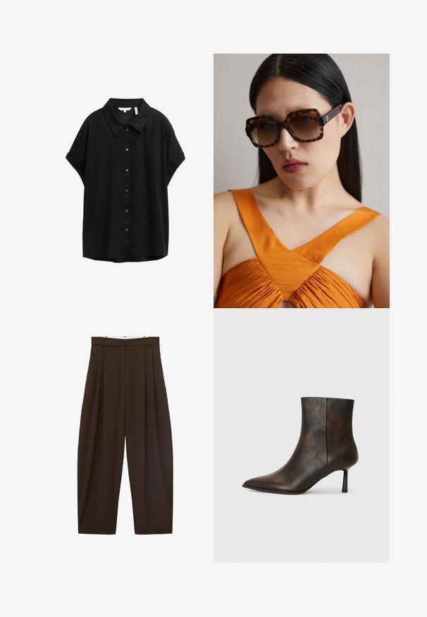 Schwarzes Kurzarmhemd aus leichtem Stoff mit klassischem Kragen, durchgehender Knopfleiste und lockerer Passform. Sanfte Textur, ungemustert.; Braune, hoch taillierte Hose mit Falten, aus glattem Stoff. Lässige Passform, gerade Beinform, mit Gürtelschlaufen und Reißverschluss.; Braune Leder-Ankle-Boots mit spitzer Zehe, schlankem Design und dünnem schwarzen Absatz. Texturierte Oberfläche mit einem subtilen Muster.; Braune Schildkrötensonnenbrille im Übergrößenformat mit einem breiten rechteckigen Rahmen und gefärbten Gläsern. Goldfarbenes Logo-Detail an der Seite.; Braune Lederumhängetasche mit gebogener Form, die mit einem auffälligen Schnallendetail, kontrastierenden Nähten und einem einzigen Schulterriemen ausgestattet ist.