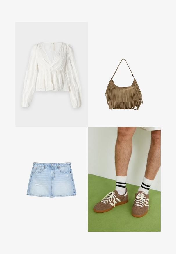 Weiße Bluse mit tiefem V-Ausschnitt, langen Puffärmeln, elastischem Bund und floralen Stickdetails. Besitzt eine Bindeschließe im Rücken.; Helles, blaugraues Denim-Rock mit geradem Schnitt, Fronttaschen und distressed Details. Abgeschlossen mit einem Knopf- und Reißverschluss.; Braune Wildleder-Sneaker mit weißen Akzenten und Schnürsenkeln. Gummisohle in Kautschuk-Optik. Getragen mit weißen Socken, die schwarze Streifen haben. Grüner strukturierter Fußboden.; Braune Wildleder-Handtasche mit langen Fransen, einer geschwungenen Form und einem einzelnen Schultergurt. Verfügt über eine glatte, strukturierte Oberfläche.