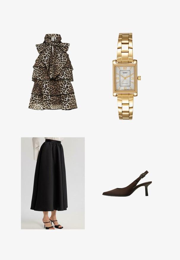 Ujjatlan leopárdmintás ruha, tiered fodrokkal és nagy masnival, amely a magas gallérra van kötve.; Fekete maxi szoknya sima anyagból, ráncolt derékkal és lebegő kialakítással, fekete pántos magassarkúval párosítva.; Barna velúr slingback tűsarkú cipő, hegyes orral, elegáns kialakítással, vékony sarkával és csat kiegészítéssel a bokapánton.; Aranyszínű, téglalap alakú karóra fehér számlappal, ezüstszínű óránymarkerekkel és strapabíró fém láncszíjjal. Vízálló funkcióval rendelkezik.