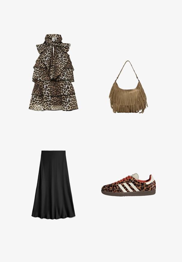 Hame seelivét leopardikuvjoisella kankaalla, kerroksittain rypytetty ja iso nauha sidottuna korkealle kaulukselle.; Musta satiininen A-linjainen hame, sileä tekstuuri, polven pituinen, yksinkertainen ja siisti muotoilu ilman koristeita tai kuvioita.; Tennarit leopardikuosisesta mikrokuidusta, joissa on punaiset nauhat ja kolme valkoista raitaa sivuilla. Ominaisuuksina kermaisen värinen kieli ja ruskea pohja.; Ruskea mokkanahkainen käsilaukku, jossa on pitkät fringer yksityiskohdat, kaareva muoto ja yksi olkahihna. Pinta on sileä ja teksturoitu.