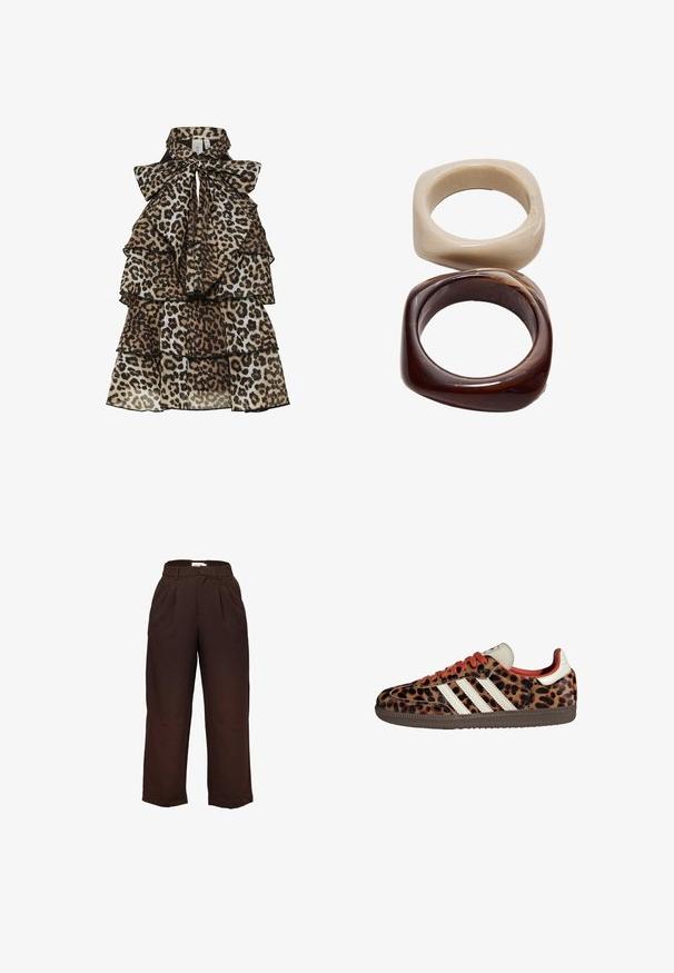 Ärmløs leopardmønstret kjole med tierede flæser og stor sløjfe bundet om den høje krave.; Højtsiddende, mørkebrune bredbenede bukser med bæltestropper og frontfolder, præsenteret mod en hvid baggrund.; Sko i leopardmønster med ruskindsmateriale, røde snørebånd og tre hvide striber på siden. Har en cremefarvet tunge og en brun sål.; Stradivarius SET - Armbånd - dark brown