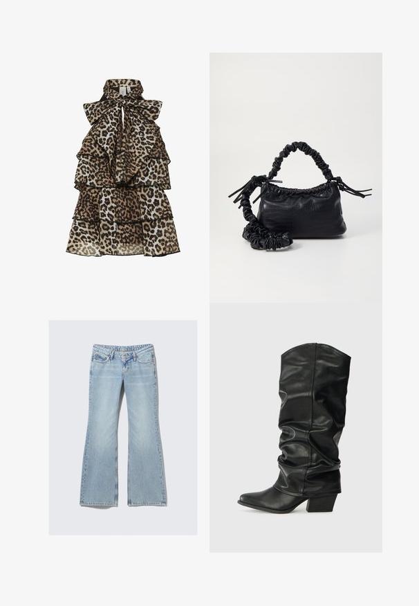 Abito senza maniche con stampa leopardata, arricchito da volant a strati e un grande fiocco legato all' alto colletto.; Weekday NOVA - Jeans slim fit - lip blue; Stivali neri in pelle, alti fino al ginocchio, con design morbido, punta affusolata e tacco spesso, caratterizzati da una texture liscia e cuciture minime.; Borsa a tracolla in ecopelle nera con texture a coccodrillo, apertura cinchata e tracolla arricciata. Si presenta con un design morbido e compatto.