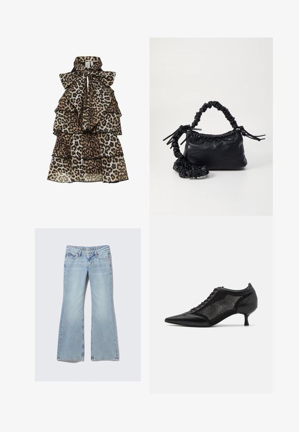 Abito senza maniche con stampa leopardata, arricchito da volant a strati e un grande fiocco legato all' alto colletto.; Weekday NOVA - Jeans slim fit - lip blue; Scarpa nera a punta con un design a pannello di rete, dotata di un tacco basso e lacci frontali. Realizzata in una combinazione di pelle e materiale a rete.; Borsa a tracolla in ecopelle nera con texture a coccodrillo, apertura cinchata e tracolla arricciata. Si presenta con un design morbido e compatto.