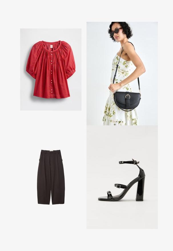 Blusa rossa con maniche a palloncino, con scollatura arricciata, chiusura a bottoni e un motivo a griglia con accenti blu e blu scuro.; Pantaloni neri a gamba larga realizzati in un tessuto morbido, con vita alta, pieghe frontali e tasche laterali. Design semplice senza decorazioni.; Sandali con tacco in vernice nera, con punta squadrata, cinturini alla caviglia e fibbie in argento. Presentano un tacco a blocco spesso per maggiore stabilità.; Borsa a tracolla nera in pelle con una forma curva, manico rimovibile e accessori dorati. La borsa presenta una patta con un dettaglio a fibbia.