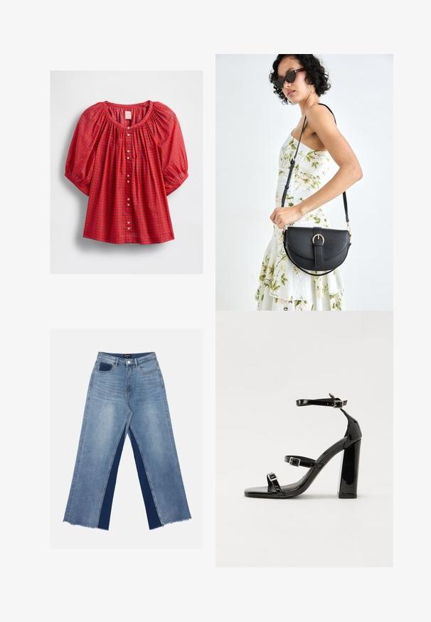 Rød bluse med puffermer, med en samlet hals, knaplukning foran og et rutenetdesign i blå og mørkeblå nuancer.; Lyseblå vide jeans med kontrasterende mørkeblå paneler, frynset søm og vanlig liv med metallknapp-lukking.; Svart høyglans sandaler med hæl, firkantet tå, ankelremmer og sølvspenner. Har en kraftig blokkhæl for stabilitet.; Svart lærveske med en buet form, avtagbar stropp og gullbeslag. Vesken har et klaff med spenne-detall.