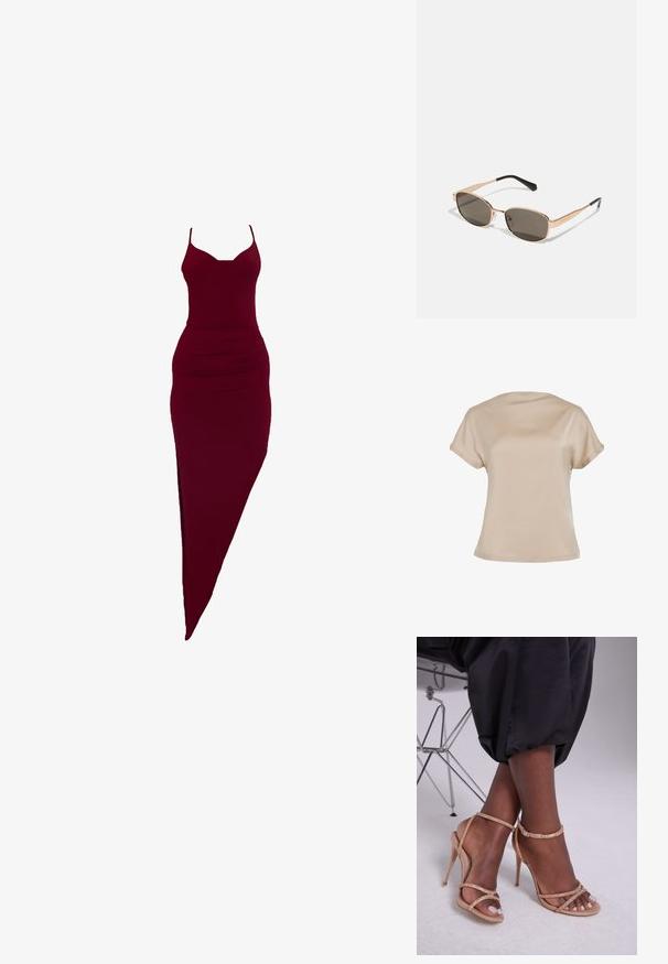 Top beige a maniche corte realizzato in tessuto morbido, con scollatura rotonda e vestibilità rilassata con orlo dritto. Senza motivi o dettagli hardware.; Abito aderente bordeaux con spalline sottili, dotato di una spacco laterale e dettagli arricciati in vita, realizzato in tessuto elasticizzato.; Sandali con tacco beige decorati con cristalli, caratterizzati da una punta aperta, sottili cinturini e un silhouette elegante.; Occhiali da sole rettangolari con montatura metallica dorata e lenti scure. Accentuati da sottili aste nere, che mostrano un design minimalista.; Wristlet Michael Kors in tela rivestita beige con motivo a logo MK ripetuto, hardware dorato e tracolla a catena staccabile.; Orecchini metallici dorati con un design ondulato; superficie liscia e riflettente; forma asimmetrica; nessun motivo o hardware visibile.