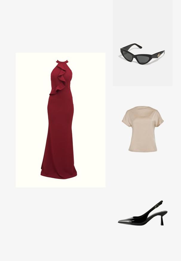 V krém színű, rövid ujjú felső sima anyagból, kerek nyakkivágással és laza szabással, egyenes aljjal. Nincsenek minták vagy fém részletek.; Bordó, pánt nélküli ruha fodros oldali részletekkel; testhez simuló fazon; sima, rugalmas anyagból készült; földig érő kialakítás.; Fekete lakk bőr slingback pumpa hegyes orral, kivágott oldalakkal, állítható boka pánttal és vékony, elegáns sarkával.; Macska szemformájú napszemüveg matt fekete műanyag kerettel, sötét lencsékkel és arany logóval a szárán. Szögletes kialakítás és sima felület.; Michael Kors bézs bevonatos vászon karkötő, amely ismétlődő MK logó mintával, aranyszínű fémrészletekkel és levehető lánchordóval rendelkezik.