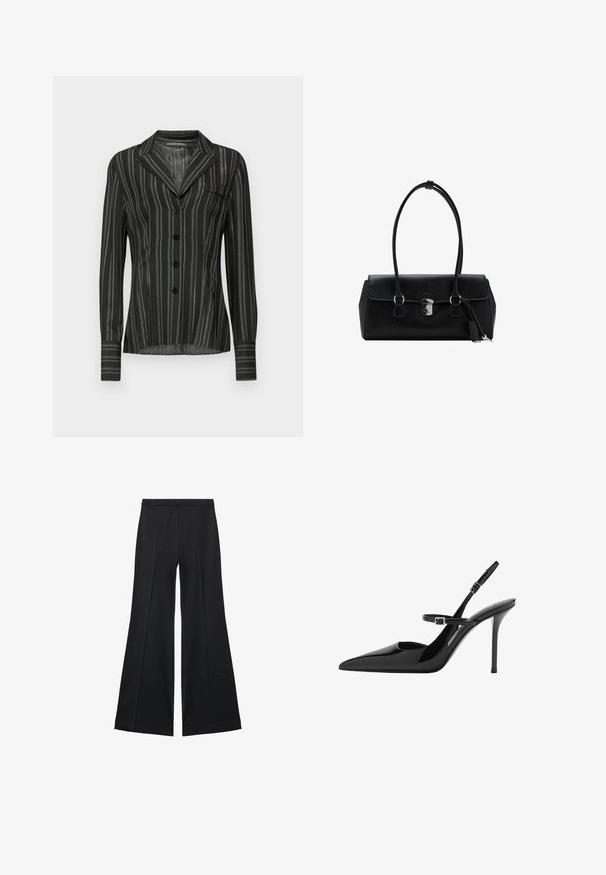 Schwarz gestreifte Bluse mit Kragen, langen Ärmeln, fünf Knöpfen und einer Brusttasche; aus einem leichten, strukturierten Stoff gefertigt.; Schwarze weit geschnittene Hose mit glatter Textur, ausgestattet mit Frontfalten und einem taillierten Design. Der Stoff ist leicht und fließend.; Schwarze Lackleder Slingback-High Heels mit spitzem Zeh, verstellbarem Riemen und Stiletto-Absatz. Glatte Oberfläche mit glänzendem Finish.; Schwarze Lederhandtasche mit glatter Textur, strukturiertem Design, doppelten Griffen und einem silbernen Verschlussdetail in der Mitte.