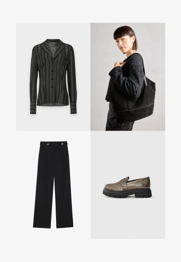 Juoda dryžuota palaidinė su apykakle, ilgomis rankovėmis, penkiais mygtukais ir krūtinės kišene; pagaminta iš lengvos, tekstūruotos medžiagos.; Juodi plačios kojos kelnės su aukštu liemeniu, sagų detalėmis ant liemens ir priekinėmis raukšlėmis.; Metalinis alyvmedžių žalios odos loaferiai su apvaliu pirštu, juodu masyviu guminiais padais ir minimaliais siuvimo akcentais ant viršaus.; Juodas nubuko turgus su sklandžiu paviršiumi, struktūrine forma ir kontrastingomis siūlėmis. Yra ilgos rankenos, skirtos nešti ant peties.