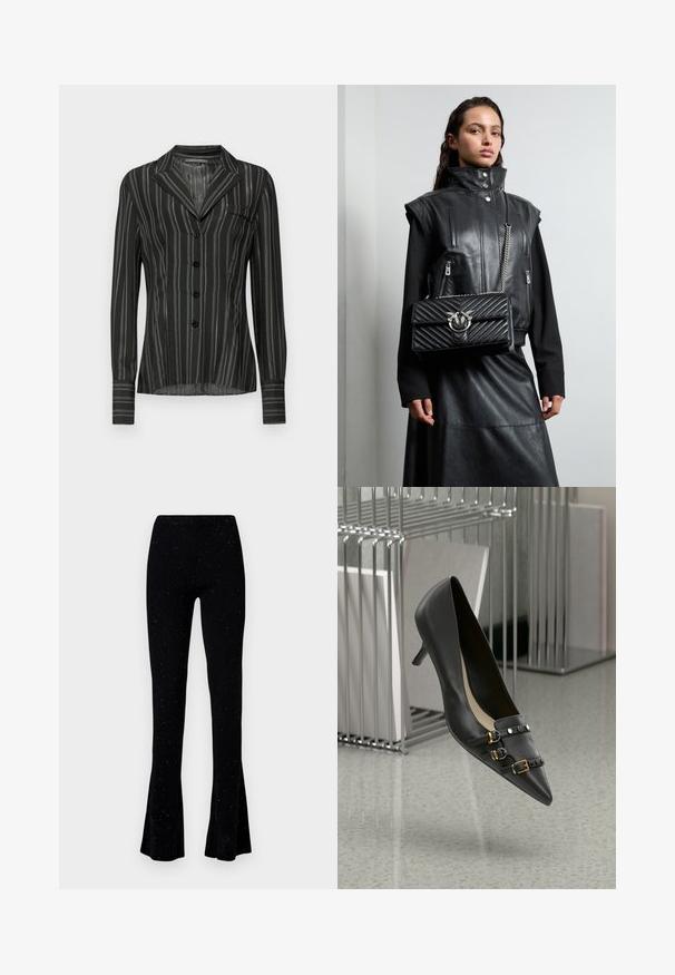Crna prugasta bluzica s ovratnikom, dugim rukavima, pet dugmadi i džepom na prsima; izrađena od lagane, teksturirane tkanine.; Crne rebraste pletene hlače s raširenim donjim dijelom, s teksturiranom površinom i malim sjajnim točkicama, osmišljene za prilagođeni siluetu.; Crna kožna visoka potpetica s šiljastim reperima, koja ima dva remena s zlatnim kopčama i crnim studovima. Glatka tekstura i elegantan dizajn.; Crna kožna prsluk s visokim ovratnikom, zatvorenim džepovima i crnom kviltanom torbicom s srebrnim detaljima, uparen s dugom crnom suknjom.