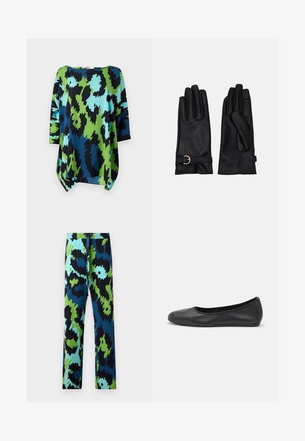 Top de corte holgado con un vibrante patrón abstracto en verde, azul y negro. Hecho de tela ligera con mangas tres cuartos y escote redondeado.; Pantalones multicolor con un audaz patrón abstracto en negro, azul y verde. Fabricados en un tejido suave con una cintura elástica y cordones.; Bailarina de piel negra con punta redondeada, textura suave, detalle de costura minimalista y diseño de suela flexible.; Pieces PCJEA SMART GLOVES - Guantes - black