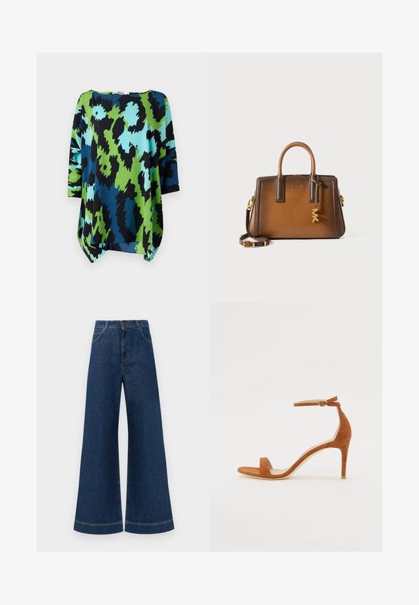 Loose-fit top with a vibrant abstract pattern in green, blue, and black. Made of lightweight fabric with three-quarter sleeves and a rounded neckline.; Wide-leg blue denim jeans with a high waist, featuring a button closure, belt loops, and subtle stitching details along the pockets and hems.; Brown suede high-heeled sandal featuring a thin ankle strap with a gold buckle, open toe, and a sleek, minimalist design.; Brown leather handbag featuring dual top handles, a detachable shoulder strap, gold hardware, and a decorative charm with the letters "MK."