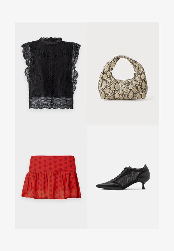 Zwarte kanttop met kapmouwen, golvende randen, ingewikkelde bloemenpatronen en een hoge halslijn met een rits aan de achterkant.; Rode gerimpelde rok met zwarte stippen, gemaakt van lichtgewicht stof. Beschikt over een aansluitende tailleband en gelaagd ontwerp.; Zwarte schoen met spitse neus en een ontwerp met gaaspanelen, voorzien van een lage hak en vetersluiting. Gemaakt van een combinatie van leer en gaasmateriaal.; Slangpatroon handtas met een gebogen handvat. Gemaakt van gestructureerde, beige en bruine materialen, met een kenmerkend ruitpatroon.