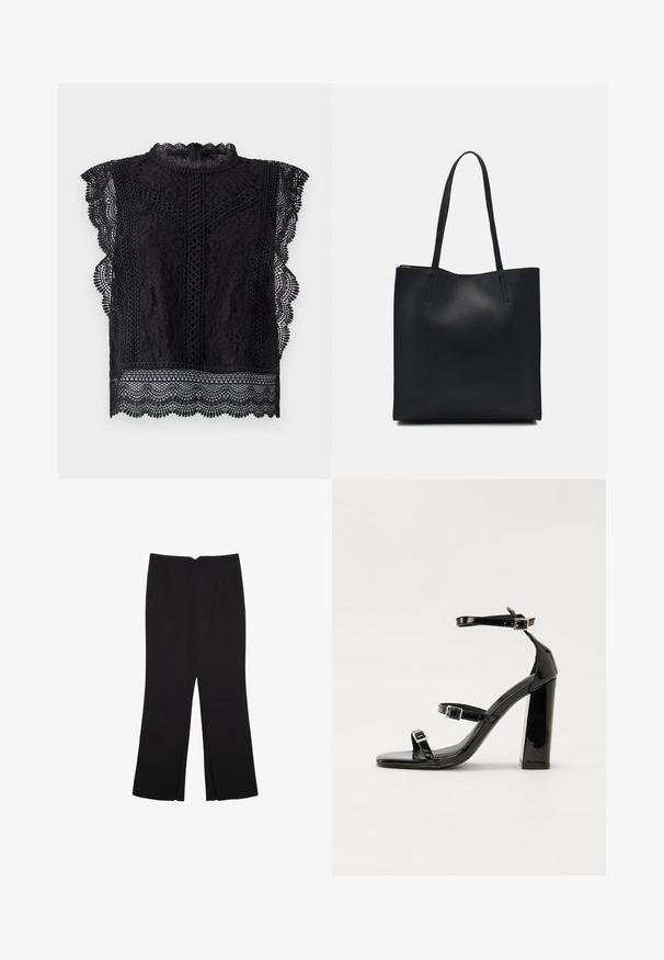 Top in pizzo nero con maniche a cappretto, bordo scallopato, motivi floreali intricati e collo alto con chiusura a zip sul retro.; Pantaloni neri a gamba dritta, con tasche frontali e spacchi laterali all'orlo. Realizzati in tessuto morbido e liscio. Adatti a diverse occasioni.; Sandali con tacco in vernice nera, con punta squadrata, cinturini alla caviglia e fibbie in argento. Presentano un tacco a blocco spesso per maggiore stabilità.; Borsa tote in pelle nera con texture liscia, forma rettangolare e due manici lunghi. Nessun hardware o decorazione visibile.