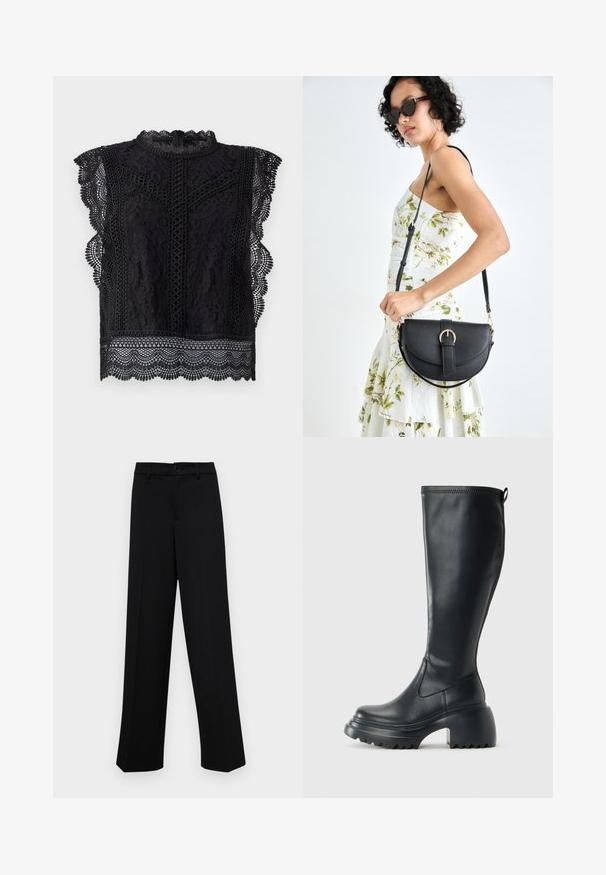 Black lace top featuring cap sleeves, scalloped edges, intricate floral patterns, and a high neckline with a back zip closure.; Black wide-leg trousers made of smooth fabric, featuring a classic waistband with a button closure and front pleats.; Tall black leather boot with chunky platform sole and block heel, featuring pull tab and textured tread on outsole.; Black leather handbag with a curved shape, detachable strap, and gold hardware. The bag features a flap with a buckle detail.
