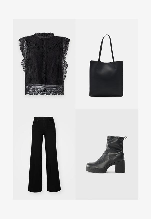 Top din dantelă neagră cu mâneci scurte, margini fantezie, modele florale intricate și un guler înalt cu închidere cu fermoar la spate.; Pantaloni negri cu picioare largi, din denim, cu un brau structurat, bucle pentru curea și buzunare frontale. Textură netedă, cu un design clasic.; Bocanci negri de glezna din piele netedă, cu fermoar lateral, toc texturat și masiv, și design cu vârf rotund.; Geantă tote neagră din piele, cu textură netedă, formă rectangulară și două mânere lungi. Fără hardware vizibil sau ornamente.