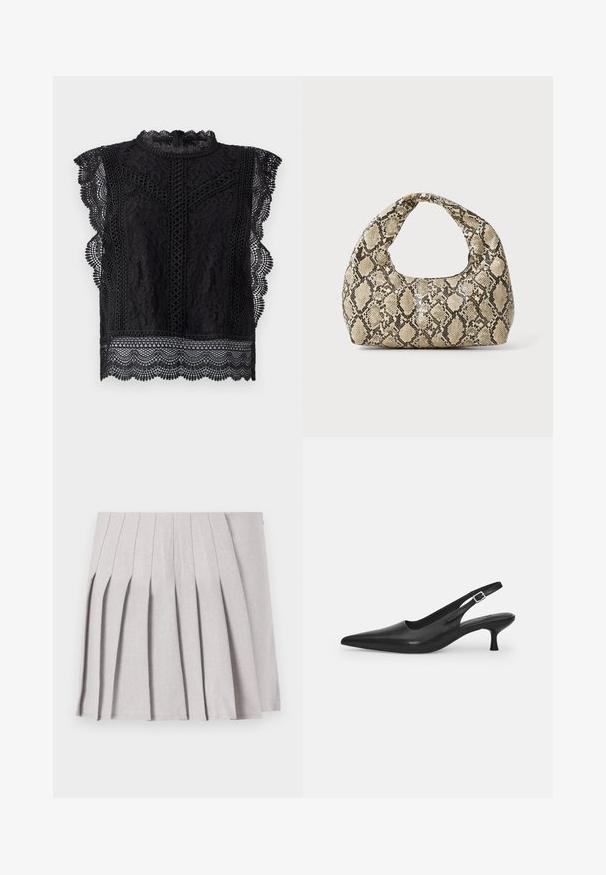 Schwarzes Spitzentop mit kurzen Ärmeln, gewellten Säumen, aufwendigen Blumenmustern und einem hohen Kragen sowie einem Reißverschluss auf der Rückseite.; Grauer plissierter Rock mit glatter Textur, der mehrere vertikale Falten und eine taillierte Taille aufweist. Hergestellt aus leichtem Stoff.; Schwarzer Leder-Slingback-Schuh mit spitzer Zehenform und schmalem, geschwungenem Absatz. Verfügt über einen unauffälligen verstellbaren Riemen mit einer Metallschnalle.; Schlangenmuster-Tasche mit einem gebogenen Griff. Hergestellt aus strukturierten, beige- und braunfarbenen Materialien, die ein markantes Diamantmuster aufweisen.