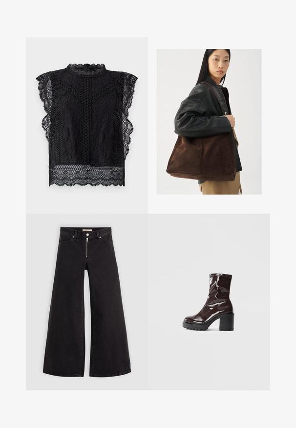 Črna čipkasta bluzo z rokavi do ramenskih kapic, valovitimi robovi, zapletenimi cvetličnimi vzorci in visokim ovratnikom z zadrgo na hrbtu.; Široke traperice iz črnega denima z zadrgo spredaj, petimi žepi in diskretnimi šivi. Gladka tekstura in ležeren slog.; Sijajan škrlatank z bleščečim videzom, z masivnim črnim peto, ki se ponaša z gladko teksturo in preprostim dizajnom. Brez vidnih zapenjal ali vzorcev.; Rjava semiš torba oblikovana širše in z mehkimi površinami, opremljena z enim ročajem in minimalnim okrasjem na nevtralnem ozadju.