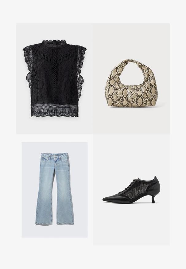 Fekete csipke felső, kapucnis ujjakkal, hullámos szélekkel, bonyolult virágmintákkal és magas nyakkivágással, hátul cipzárral.; Weekday NOVA - Karcsúsított farmerek - lip blue; Fekete, hegyes orrú cipő, hálós panel tervezéssel, alacsony sarokkal és fűzős elülső résszel. Bőrből és hálós anyagból készült.; Kígyómintás kézitáska ívelt fogantyúval. Texturált, bézs és barna anyagból készült, jellegzetes gyémántmintával.