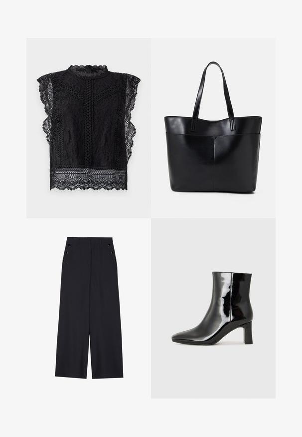Zwarte kanttop met kapmouwen, golvende randen, ingewikkelde bloemenpatronen en een hoge halslijn met een rits aan de achterkant.; Zwarte wijde broek in donkerblauw materiaal, met een gladde textuur, voorplooien en decoratieve goudkleurige ogen op de zijzakken.; Zwarte gepolijste leren enkellaars met een spitse neus en een blokhak van gemiddelde hoogte. Glad textuur en minimalistisch ontwerp.; Zwarte leren tote bag met twee lange handvatten, een zachte textuur en een gestructureerde vorm. Voorzien van een voorvak voor extra opslagruimte.