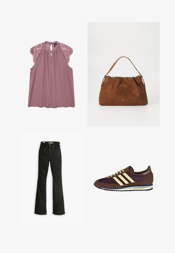Lilla bluse med blonde skulderdetaljer, rund halsudskæring og nøglehulåbning bagpå. Fremstillet af blødt, glat stof med en afslappet pasform.; Sorte flared jeans lavet af denim. Har et klassisk fem-lomme design med lynlås, kraftig syning og en ren kant.; Brune og bordeaux sneakers lavet af ruskind og mesh-materialer, med tre cremefarvede striber, tekstureret stof på tungen, og en gummisål.; Brun ruskind handbag med en samlet design, der har en enkelt tan læderstrop og en subtil guld logo detalje på fronten.