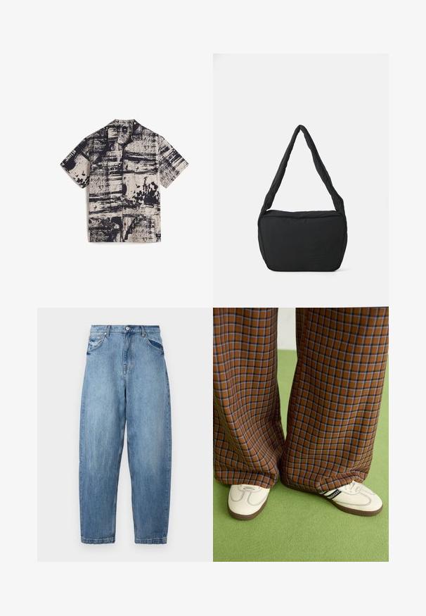 Vans Hemd - medium brown; Hellblaue Jeans aus Denim mit einer lässigen Passform, fünf Taschen-Design und verblasster Textur. Der Bund ist mit einem Knopf- und Reißverschluss ausgestattet.; Braun und blaue Karohosen mit weitem Bein, kombiniert mit weißen Schuhen mit schwarzen Akzenten und strukturierten Sohlen, vor einem grünen Hintergrund.; Schwarze Schultertasche mit gepolsterter Textur, runder Form und breitem Tragegurt, mit geprägtem Logo auf der Vorderseite.