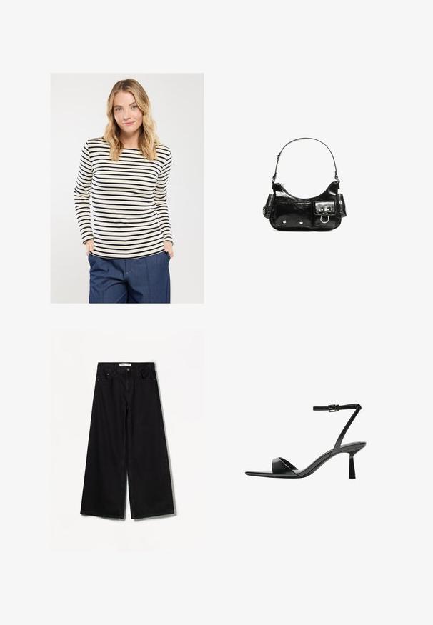 Langarmshirt mit Streifen aus weichem Stoff; hat eine cremefarbene Basis mit marineblauen Streifen und einen runden Halsausschnitt, kombiniert mit lockeren blauen Hosen.; Bershka WIDE-LEG - Wide Leg - black; Bershka High Heel Sandalette - black; Schwarze Lackleder-Handtasche mit geschwungenem Design, einem Schulterriemen, Vordertaschen und silberfarbenen Hardware-Akzenten.