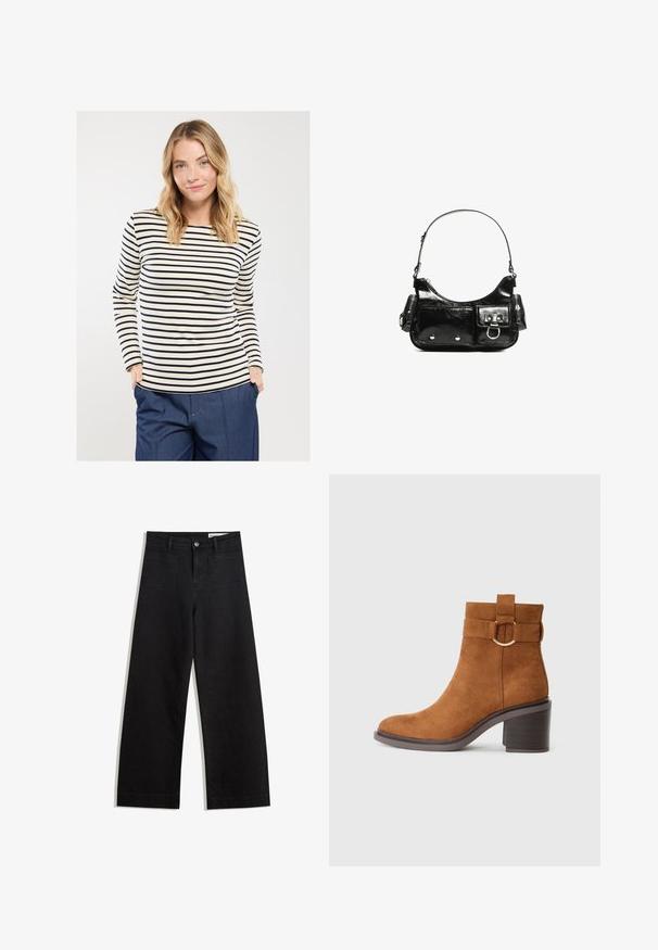 Długi rękaw w paski, wykonany z miękkiego materiału; ma kremową bazę z granatowymi paskami i okrągłym dekoltem, zestawiony z luźnymi niebieskimi spodniami.; Czarne dżinsowe spodnie o szerokich nogawkach i wysokim stanie, z przednimi i tylnymi kieszeniami, przeszyciami oraz zapięciem na guziki. Gładka struktura.; Brązowy zamszowy botek za kostkę z zaokrąglonym noskiem, słupkiem i ozdobnym paskiem z okrągłą klamrą.; Czarna torebka z lakierowanej skóry o zaokrąglonym kształcie, z jednym paskiem na ramię, przednimi kieszeniami i akcentami w kolorze srebrnym.
