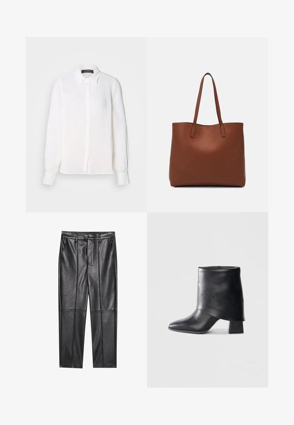 Mos Mosh KETHER SHIRT - Button-down blouse - ecru; Black leather trousers with a smooth texture, featuring a straight fit, two front pockets, and visible seam detailing.; Black leather ankle boot with a pointed toe, smooth texture, and a structured block heel. Features a high, folded cuff design.; Brown leather tote bag with a smooth texture, open top design, and two shoulder straps. Features minimal stitching and no visible hardware.