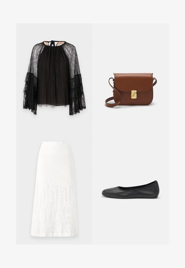Fekete csipkeblúz laza szabással, magas nyakkivágással és hosszú, harangujjú kialakítással. Texturált csipkemintázat, hátsó megkötéssel.; Fehér kötött midi szoknya, amelynek textúrája függőleges vonalakkal és kivágott részletekkel díszített az alján. Rugalmas derékpánt. Puha anyag.; Fekete bőr balettcipő lekerekített orral, sima tekstúrával, minimális varrással és rugalmas talp kialakítással.; Barna bőr kézitáska, hajtókás zárással, arany színű fém kiegészítőkkel, vállpánttal és sima felülettel. Kompakt téglalap alakú.