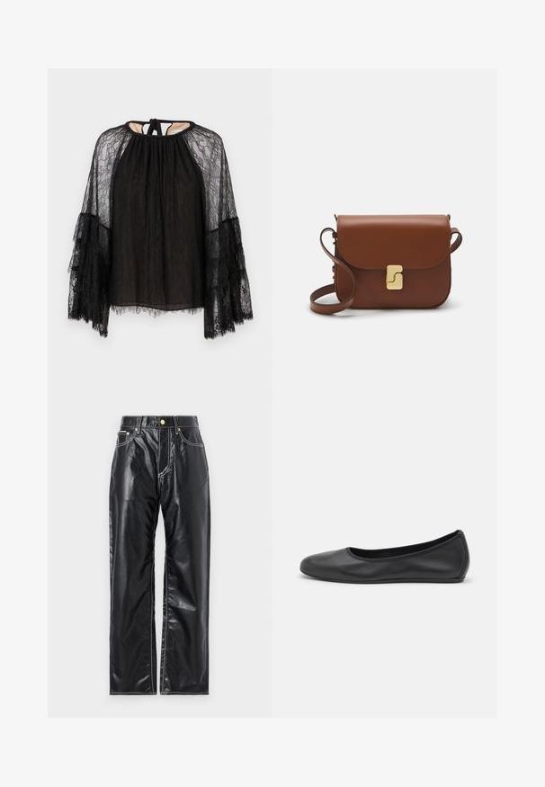 Sort blonde top med løs pasform, høj hals og lange udvidede ærmer. Teksturiseret blonde mønster med bindebånd lukning bagpå.; Sorte faux læderbukser med en vidde benlængde, der har hvid syning, frontlommer og en guldfarvet knap i taljen.; Sort læderballetsko med rund tå, glat tekstur, minimal syning og et fleksibelt såldesign.; Brun læder håndtaske med flaplukning, hardware i gyldent tone, en skulderrem og en glat overflade. Kompakt rektangulær form.