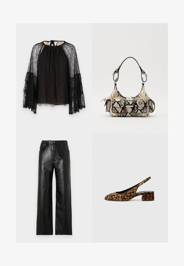 Black lace top featuring a loose fit, high neckline, and long flared sleeves. Textured lace pattern with a tie closure at the back.; Black leather wide-leg pants with a glossy finish, featuring front pockets, a zip fly, and a button closure. Smooth texture throughout.; Women's leopard print slingback shoe with low block heel and gold buckle on side strap, shown in side profile on plain background.; Python-print handbag in beige and black, featuring a structured shape, buckle detail, and dual shoulder straps. Textured surface.