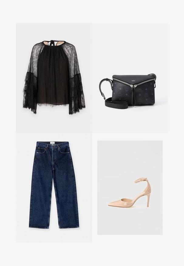Černý krajkový top s volným střihem, vysokým výstřihem a dlouhými rozšířenými rukávy. Texturovaný krajkový vzor s uzávěrem na zavazování na zádech.; Tmavě modré džínové kalhoty s širokými nohavicemi, vysokým pasem, předními kapsami a hladkou texturou s jemnými vyšitými detaily.; Nude lakovaná botička s špičatou špičkou, kotníkovým páskem a stiletto podpatkem, která se vyznačuje hladkým povrchem a minimalistickým designem.; Černá kožená kabelka přes rameno se stříbrným zipem ve tvaru V, s embosovaným vzorem loga a nastavitelným popruhem na bílém pozadí.