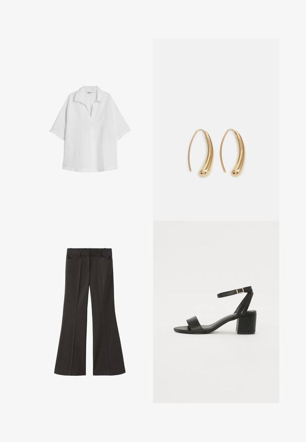 Witte linnen blouse met korte, brede mouwen en een coller halslijn. Bevat een subtiele textuur en heeft een relaxte pasvorm.; Zwarte flared broek met een hoge taille; beschikt over twee voorkeurszakken en een gladde stoftextuur. Geschikt voor verschillende gelegenheden.; Zwarte hoge sandaal met een soepel leren bovenkant, een open teen, brede voorkruisbanden en een verstelbare enkelband met een gouden gespdetail.; Gouden metalen oorbellen in de vorm van een gebogen, verlengde hoop. Kenmerkend zijn het gladde, glanzende oppervlak en de afgeronde punt voor extra detail.