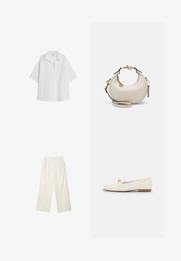 Valkoinen pellavapaita, jossa on lyhyet, leveät hihat ja kauluksen kanssa. Vaatteessa on hienovarainen rakenne ja rento istuvuus.; Kermanhousut vaaleassa kankaassa, jossa on sileä rakenne, yksittäinen etunappi, hienovaraiset laskokset ja korkea vyötärömuotoilu.; Valkoiset nahkaloaferit, joissa on litteä pohja, kultasävytetty solkiyksityiskohta ja sileä pinta. Klassinen muotoilu yksinkertaisilla linjoilla.; Kreemivärvi nahast käekott, millel on poolkuuline kuju, kuldne riistvara, mustad aktsendid ja eemaldatav rihm. Omab aheladetaile ja silt.