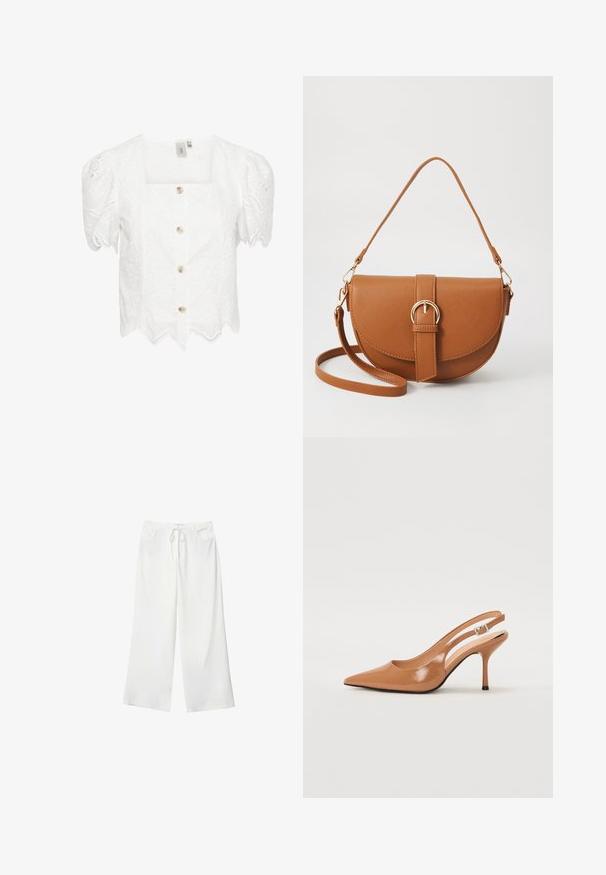 Bela, kratka bluzica s kvadratnim izrezom. Tkanina z odprtinami in valovitim robom ter petimi gumbi spredaj. Nežen cvetlični vzorec.; Bela široka hlače iz mehkega materiala, z vrvico v pasu in dvema sprednjima žepoma. Gladek texture in brez vidnih vzorcev.; Slinčaste pete z ostro konico v gladkem, sijočem bež materialu. Imajo ukrivljen rez in vitko stiletto peto. Podrobnost s srebrno zaponko.; Rjava usnjena torbica prek telesa s ukrivljeno obliko, zlate opreme in sponko. Ima odstranljiv naramni trak.