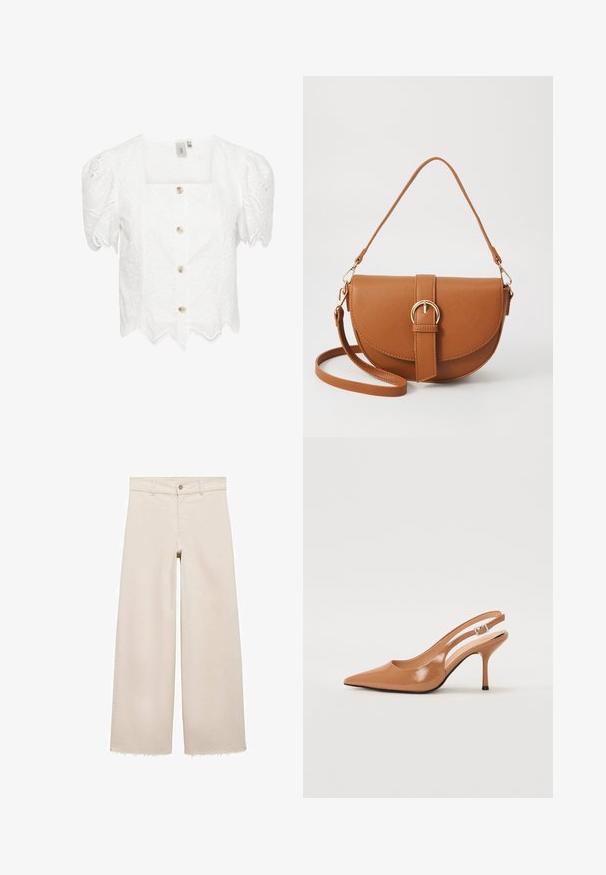 Bluză albă, cu mâneci scurte și decolteu pătrat. Țesătură cu perforații, cu un tiv ondulat și cinci nasturi pe față. Model floral subtil.; Jeans bej cu picioare largi și talie înaltă, cu închidere cu buton, buzunare frontale și tiv desfăcut. Fabricate din material denim.; Pantofii cu toc slingback, cu vârful ascuțit, dintr-un material tan neted și strălucitor. Prezintă un design cu decupaj curbat și un toc subțire stil stiletto. Detaliu cu cataramă argintie.; Geantă din piele maro, tip crossbody, cu o formă curbată, accesorii aurii și un accent cu cataramă. Dispune de un curea de umăr detașabilă.